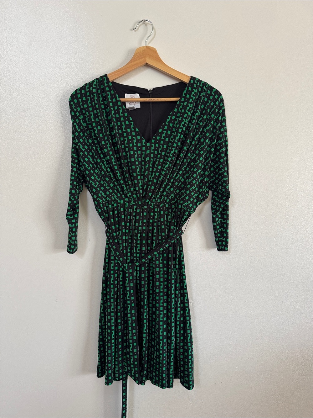 Green Patterned V-Neck Wrap Dress